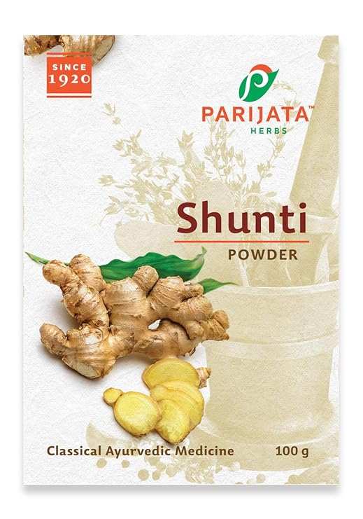 Parijata Herbs Ginger Powder packaging showcasing ginger root and slices.