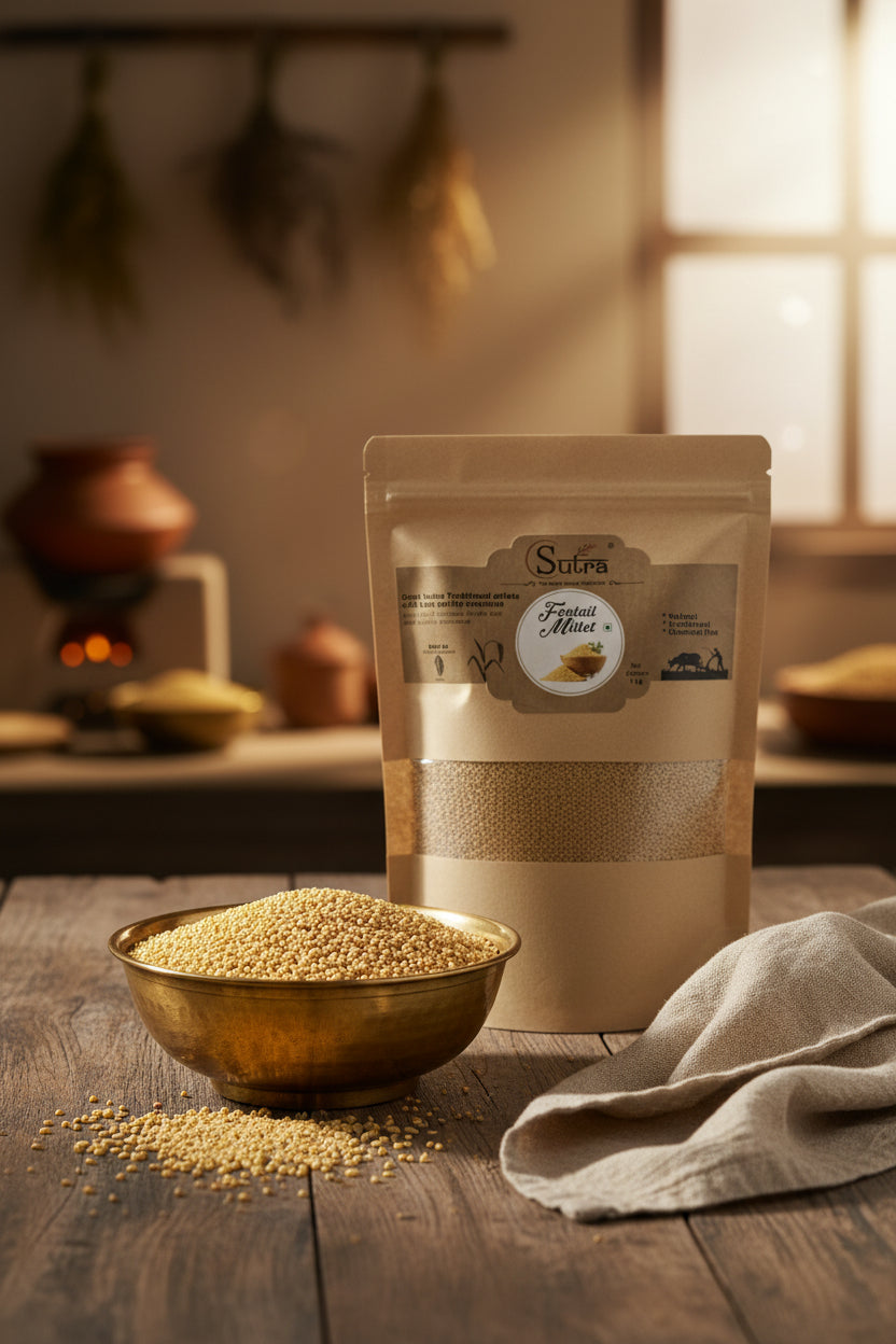 Natural Foxtail Millet by Sutra in eco-friendly packaging, nutritious gluten-free superfood for healthy living.