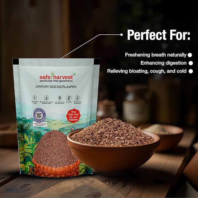Safe Harvest 200g pack beside wooden spoon of ajwain