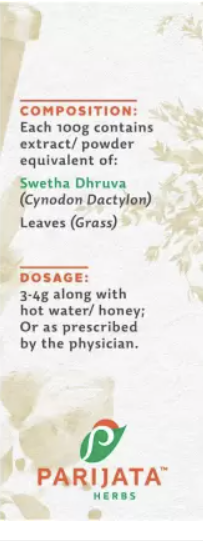 Parijata Herbs Garike Powder packaging details with composition and dosage information.