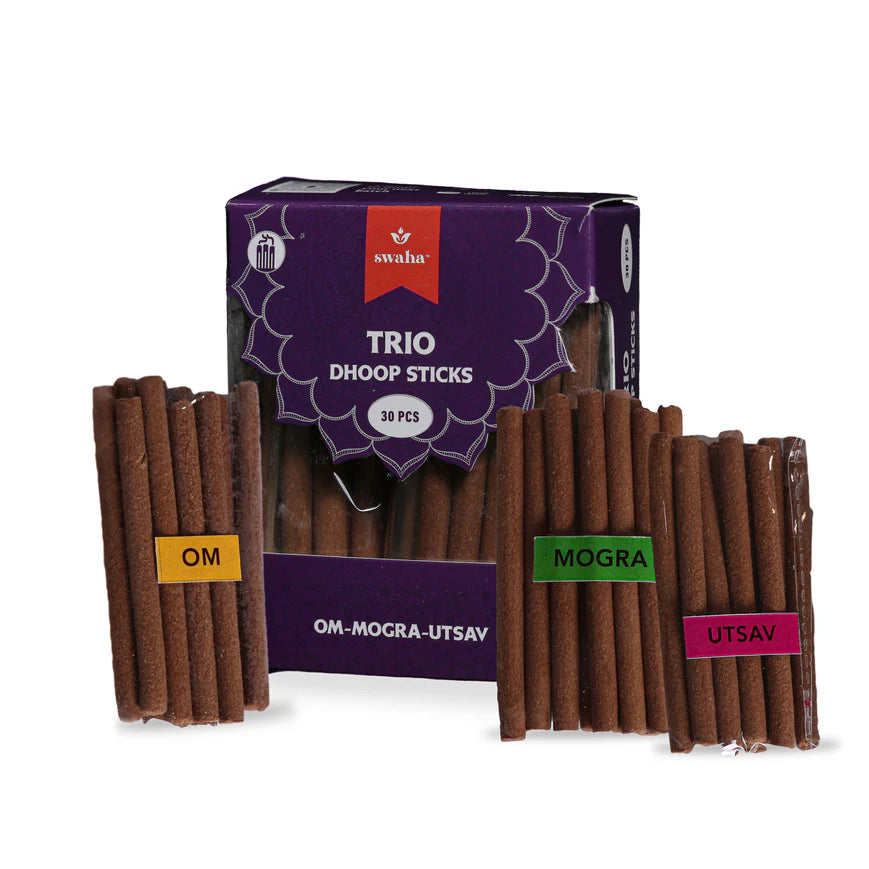 Swaha Trio Dhoop Sticks Pack of 30 by Sutrakart – Front View
