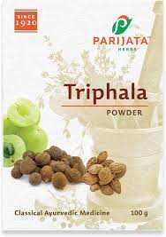 Parijata Herbs Triphala Powder packaging with Ayurvedic ingredients.