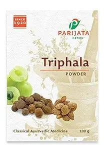Parijata Herbs Triphala Powder Ayurvedic Digestive Detox Remedy package.