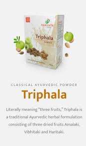 Parijata Herbs Triphala Powder packaging with Ayurvedic digestive and detox benefits.