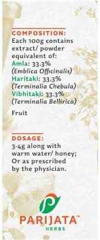 Parijata Herbs Triphala Powder packaging featuring composition and dosage instructions.