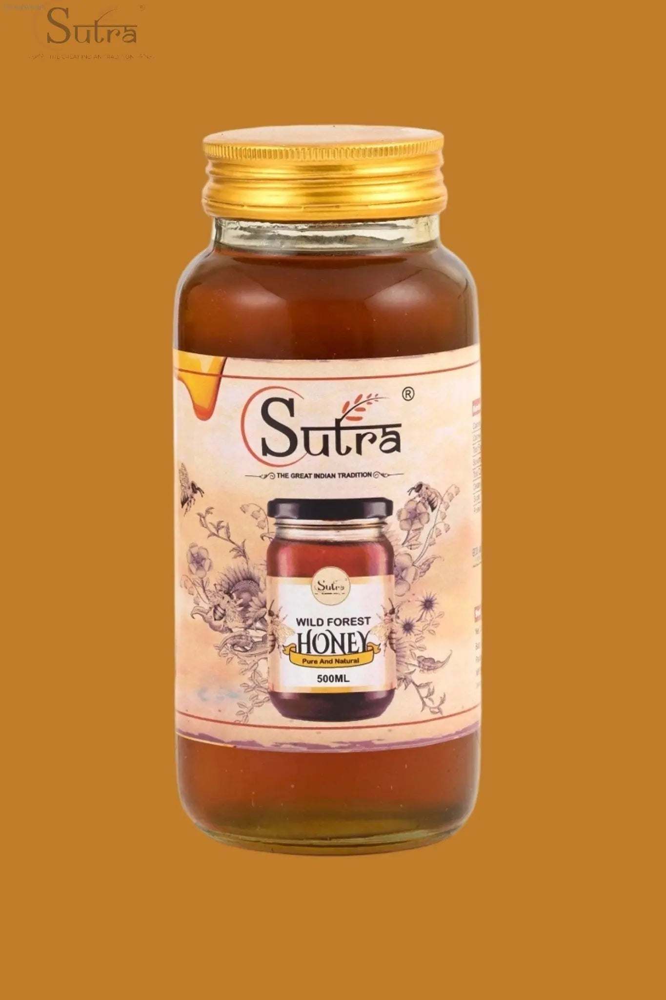 Sutra Wild Forest Honey jar, pure and natural with health benefits on orange background.