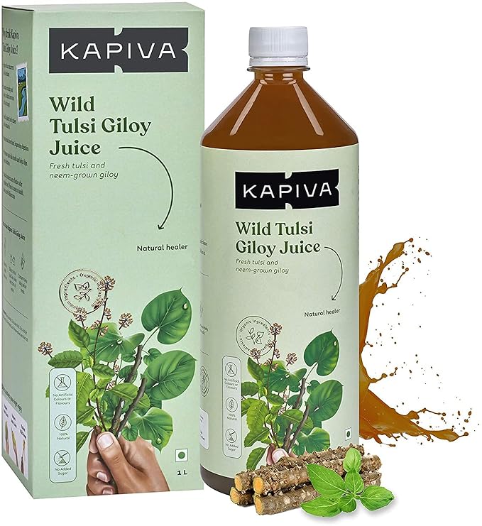 Wild Tulsi Giloy Juice bottle with herbs background