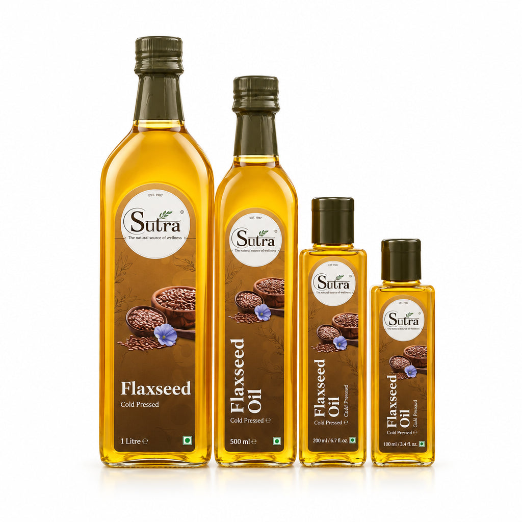 Set of Sutra flaxseed oil bottles of different sizes