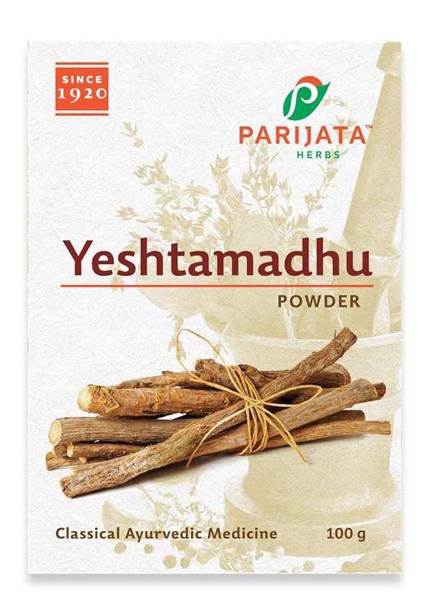 Parijata Herbs Yastimadhu Powder packaging with licorice sticks illustration.