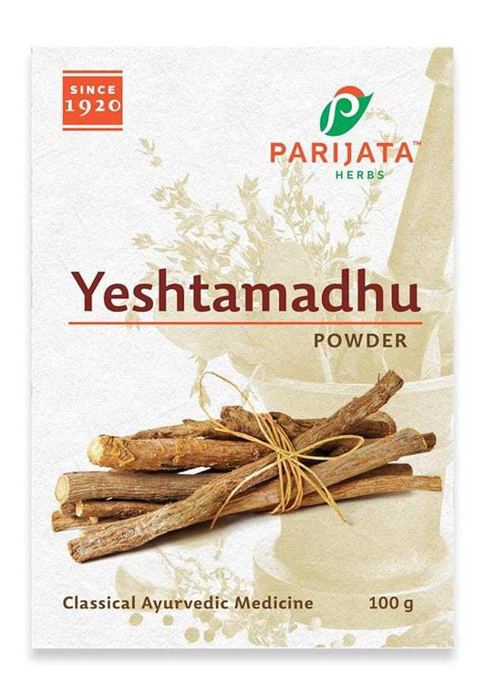 Parijata Herbs Yastimadhu Powder packaging with licorice sticks illustration.