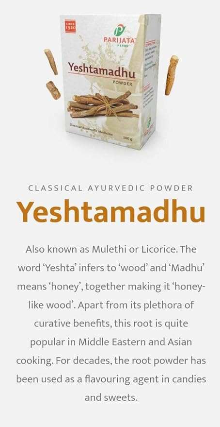 Parijata Herbs Yastimadhu Powder packaging, emphasizing digestion and skin care benefits.