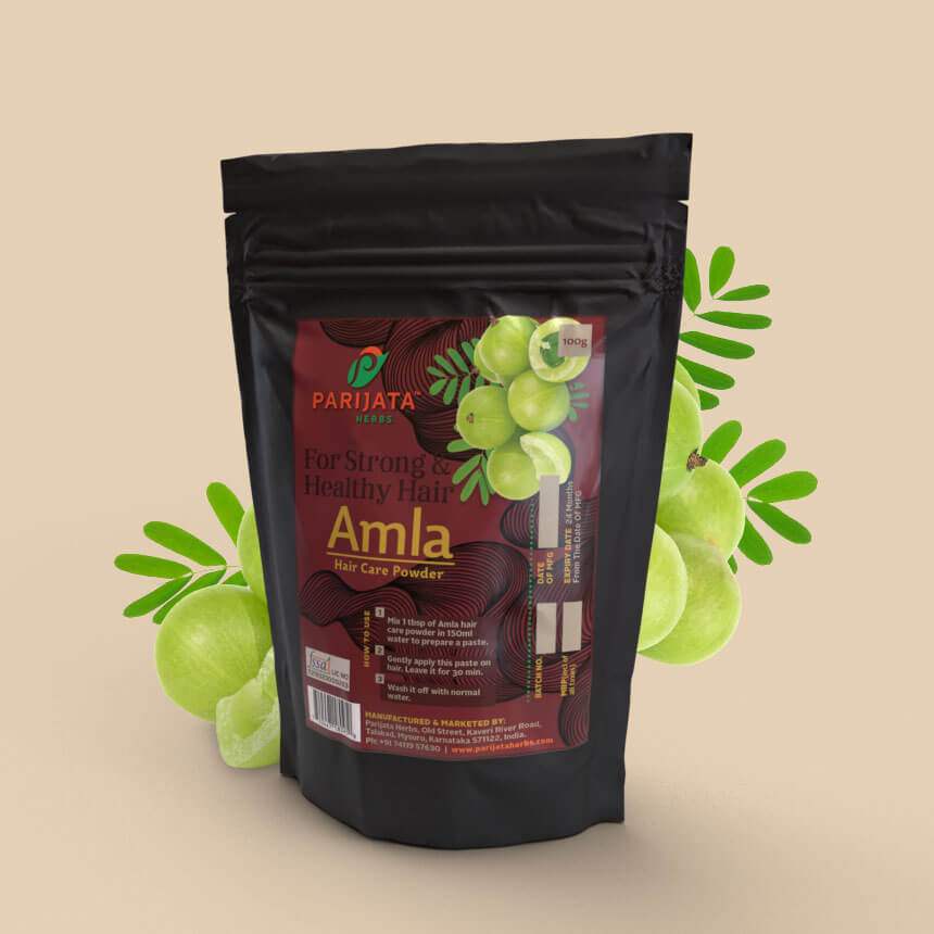 Parijata Herbs Amla Powder for Ayurvedic hair growth and scalp care.