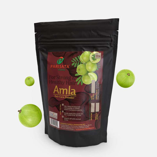 Parijata Herbs Amla Powder for Ayurvedic Hair Growth & Scalp Care in black packaging with amla illustrations.