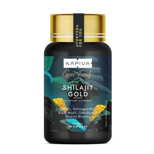 Bottle of Kapiva Shilajit Gold Capsules with black and gold packaging