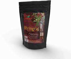 Parijata Herbs Bhringraj Powder for herbal hair growth and scalp care in black packaging.