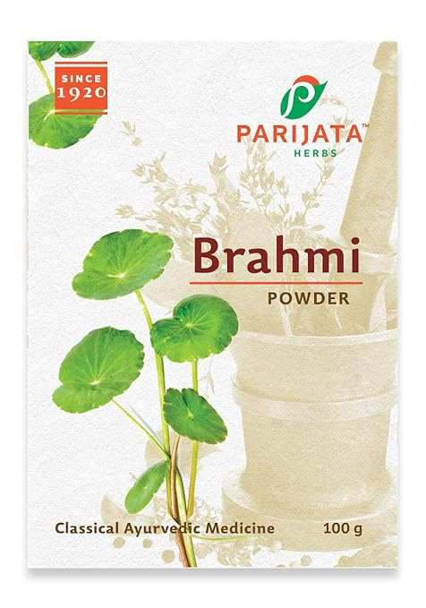 Parijata Herbs Brahmi Powder packaging, natural brain booster for mental clarity, Ayurvedic medicine, 100g.