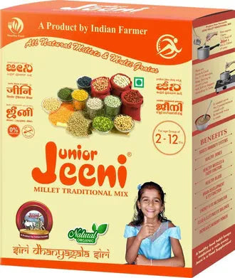 Jeeni Junior Millet Traditional Mix Powder, 500 gm package with nutrient-rich, gluten-free label.