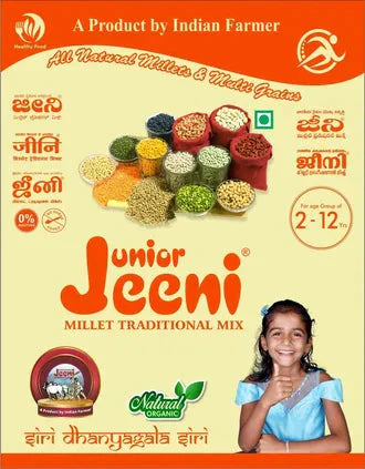Jeeni Junior Millet Traditional Mix Powder, 500 gm package with a smiling child, highlighting nutrient-rich and gluten-free features.