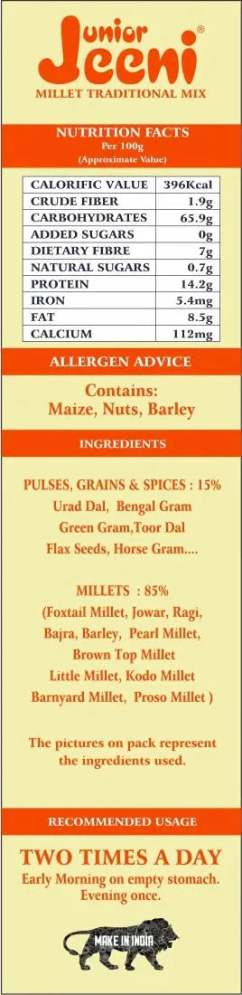 Jeeni Junior Millet Traditional Mix Powder, 500 gm pack with nutritional facts and ingredients list.