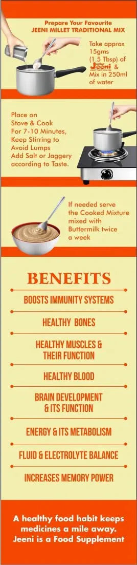 Jeeni Junior Millet Traditional Mix Powder, 500 gm packaging highlighting benefits such as boosting immunity, healthy bones, and memory power.