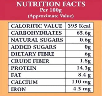 Jeeni Traditional Mix nutrition facts label per 100g.