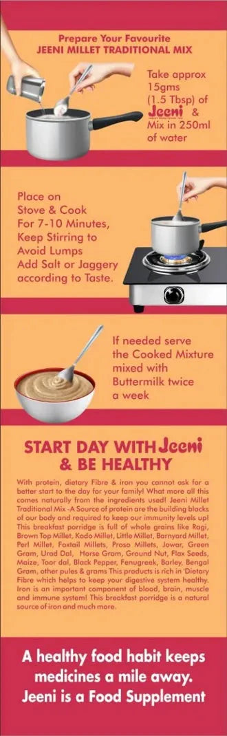 Jeeni Traditional Mix Adult – 500 G, 100% Pure & Nutritious, Sutrakart packaging instructions.