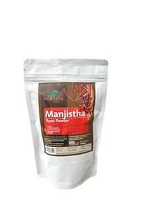 Parijata Herbs Manjistha Root Powder packaging, Ayurvedic blood purifier and skin care.