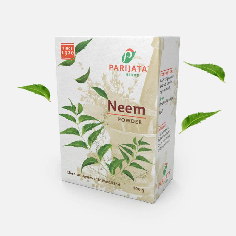 Parijata Herbs Neem Powder packaging with neem leaves illustration.