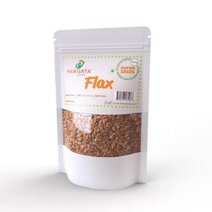 Parijata Flax Seeds packaging showcasing high fiber and omega-3 benefits for heart and gut health.