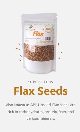 Parijata Flax Seeds packaging, rich in fiber and omega-3 for heart and gut health.