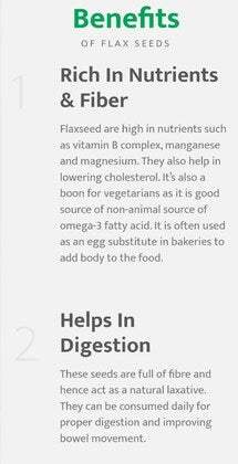 Parijata Flax Seeds benefits infographic highlighting nutrients, fiber, and digestion support.