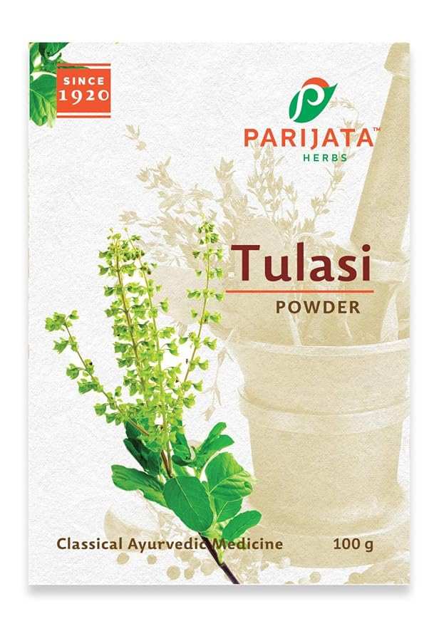 Parijata Herbs Tulasi Leaf Powder packaging, classical Ayurvedic medicine, 100g.