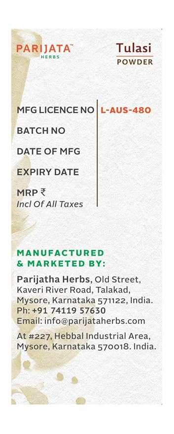 Parijata Herbs Tulasi Leaf Powder packaging with product details and contact information.