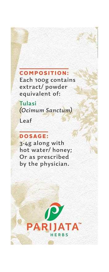 Parijata Herbs Tulasi Leaf Powder packaging with composition and dosage details.