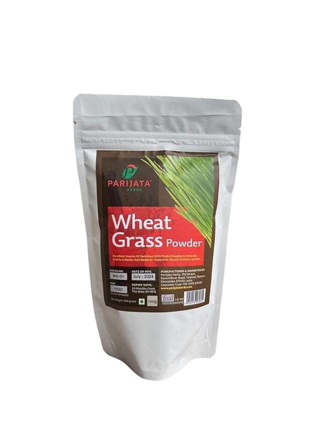 Parijata Herbs Wheatgrass Powder packaging for detox and vitality.
