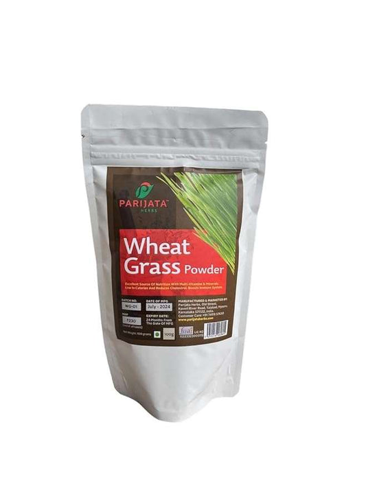 Parijata Herbs Wheatgrass Powder packaging for detox and vitality.
