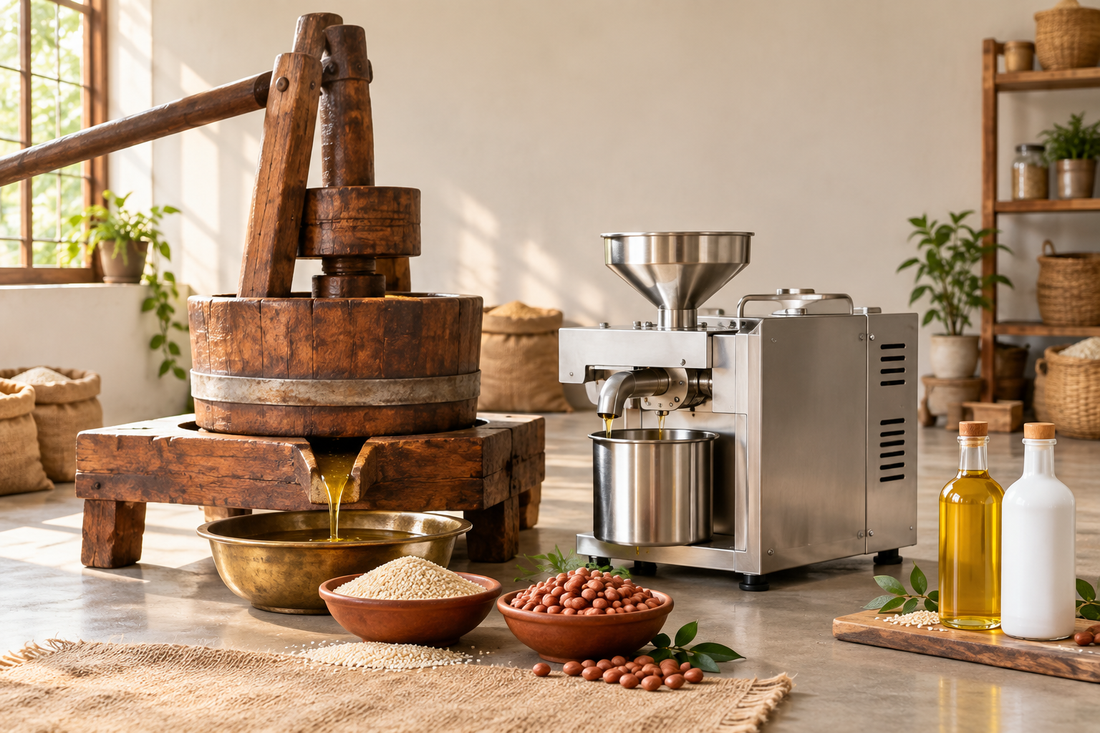 Traditional wooden ghani and modern cold press machine with seeds and bottled oil for a cold pressed oil business guide