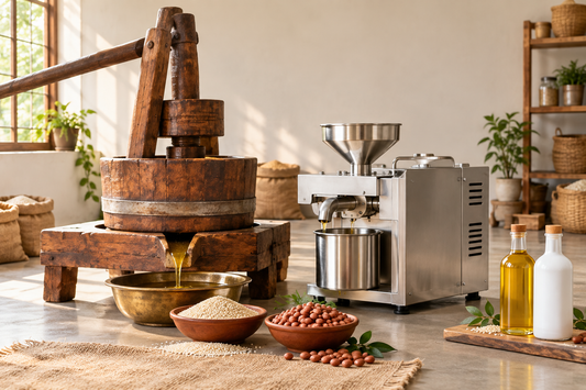 Traditional wooden ghani and modern cold press machine with seeds and bottled oil for a cold pressed oil business guide