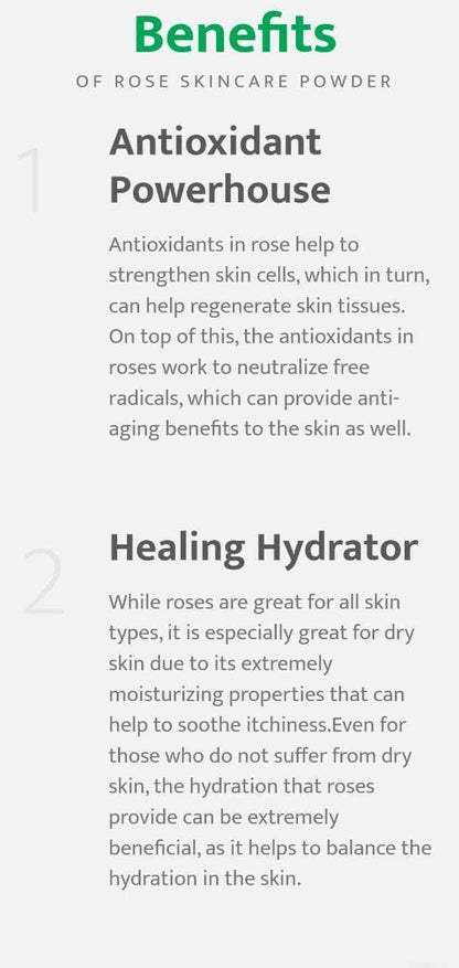 Parijata Herbs Rose Petal Powder benefits include antioxidant properties and skin hydration.