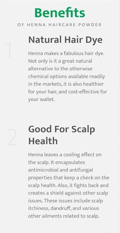 Parijata Herbs Henna Powder benefits for natural hair dye and scalp health.