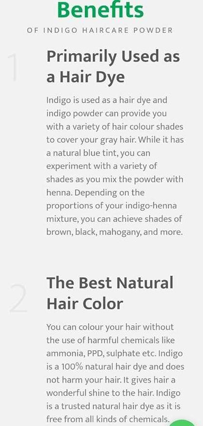 Natural hair dye benefits of Parijata Herbs Indigo Powder for healthy growth.