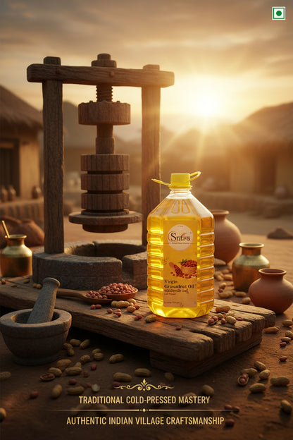 A bottle of Cold Pressed Groundnut Oil for Cooking