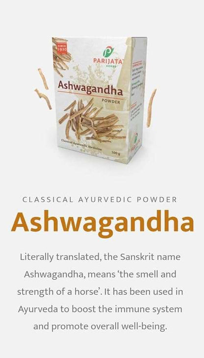 Parijata Herbs Ashwagandha Powder packaging for hair growth and strength.