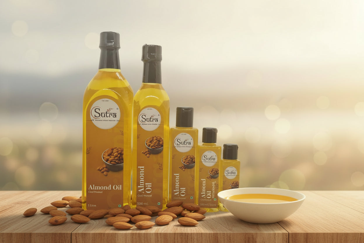 Set of Sutra almond oil bottles in various sizes 