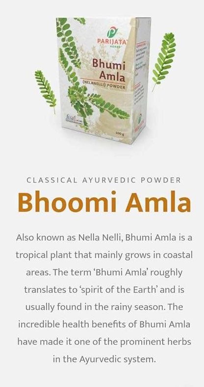 Parijata Herbs Bhumi Amla/Nelanelli Powder box with Ayurvedic liver detox herb.