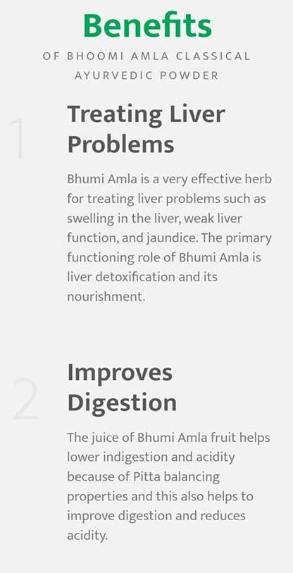 Benefits of Parijata Herbs Bhumi Amla/Nelanelli Powder for liver detox and digestion improvement.