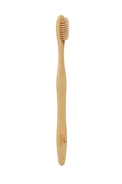 Close-up of bamboo handle and soft nylon bristles