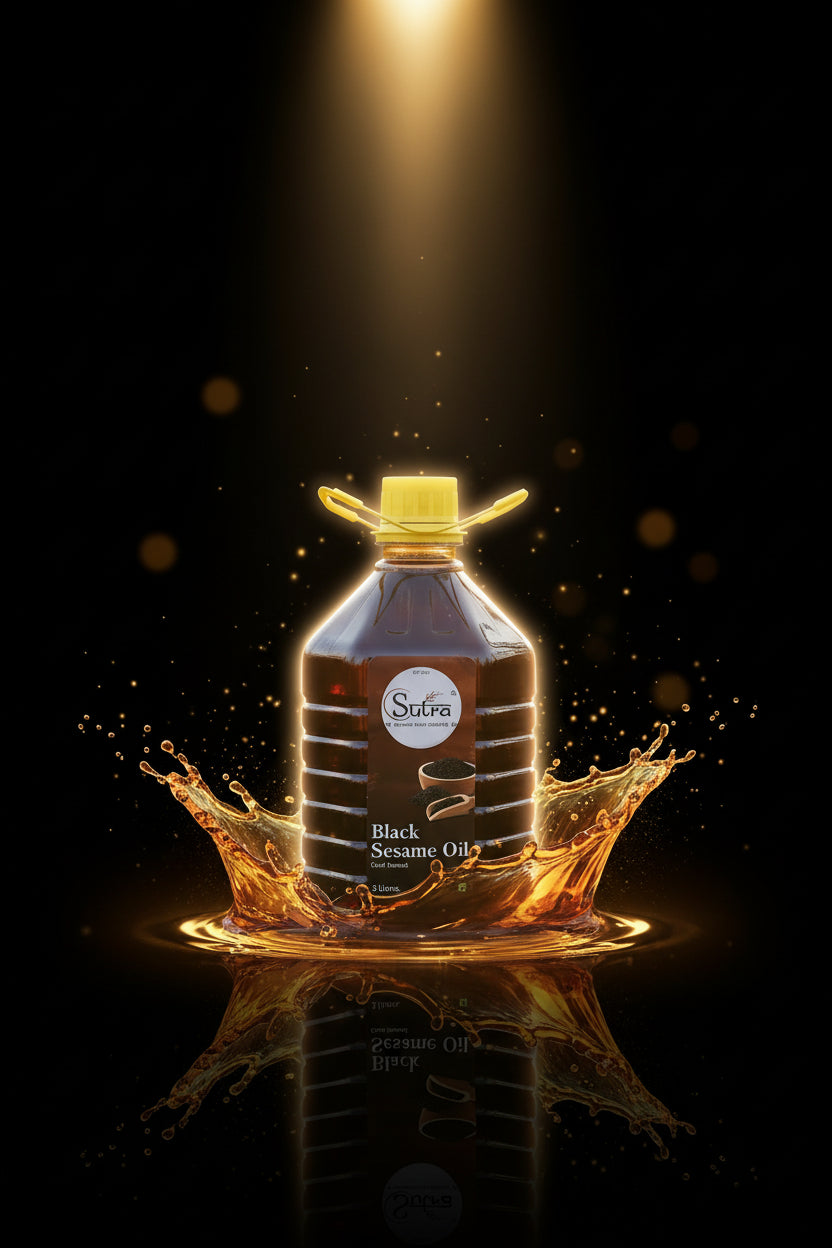 Bottle of Sutra 3 liter Cold Pressed Black Sesame Oil with a yellow cap