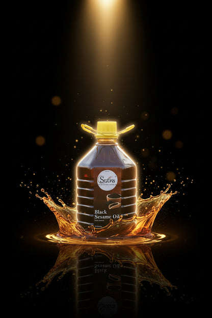 Bottle of Sutra 3 liter Cold Pressed Black Sesame Oil with a yellow cap