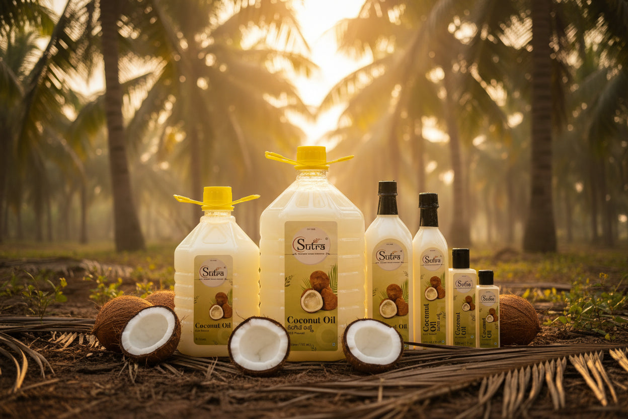 Set of Sutra Coconut Oil bottles of different sizes 